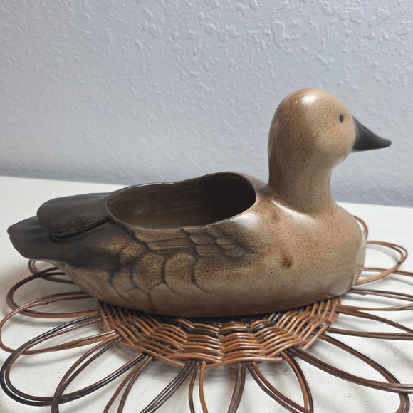 Vintage Ceramic Duck Planter Brown Black Speckled Glaze Rustic Cabin Decor - Picture 8 of 13
